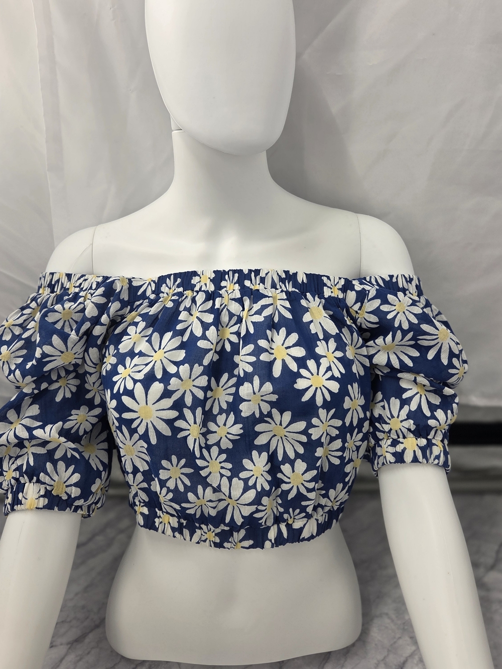 American Eagle Daisy Floral Off Shoulder Crop Top S Blue Puff Sleeve Cottagecore